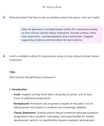 ClickUp Brain ; Essay Outline Template
