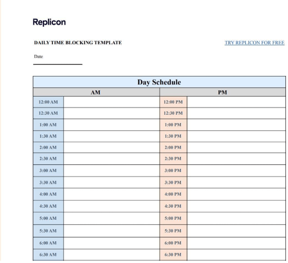 Daily Time Blocking Template by Replicon ; time blocking template google sheets