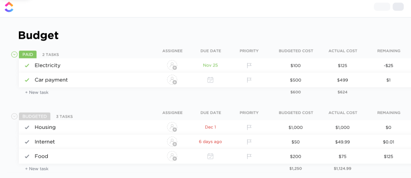 ClickUp Personal Budget Template ; 50/30/20 Budget Template