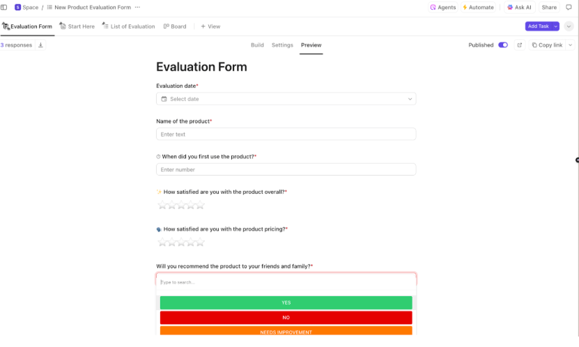 ClickUp New Product Evaluation Form Template ; Product Evaluation Template