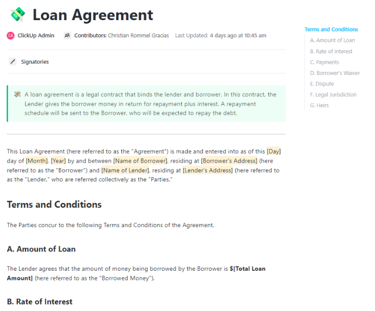ClickUp Loan Agreement Template ;  Payment Agreement Template
