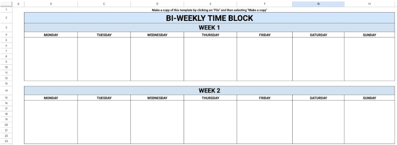Bi-Weekly Time Blocking Template by Float : time blocking template google sheets