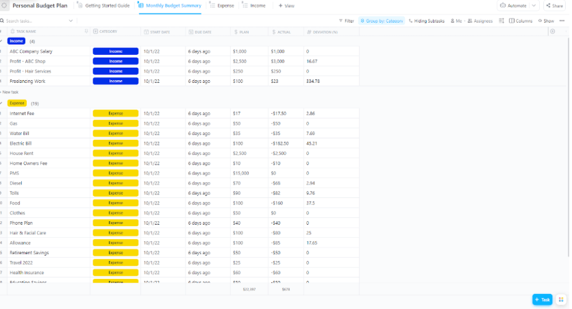 ClickUp Personal Budget Plan Template : 50/30/20 Budget Template
