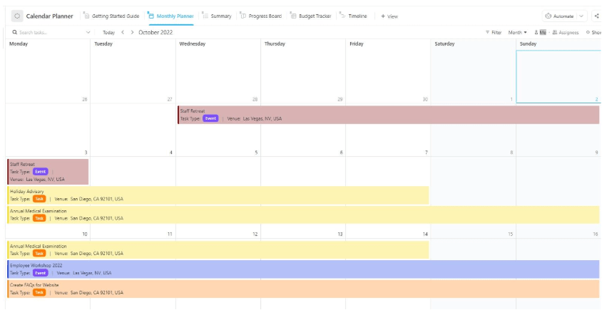 ClickUp Calendar Planner Template ; fundraising calendar template
