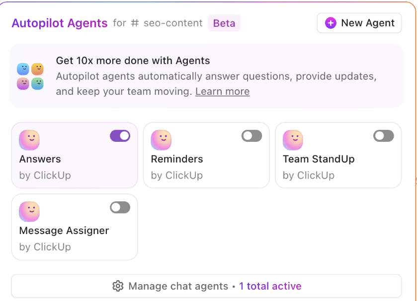 Agentes predefinidos o cree los suyos propios en ClickUp ; Agentes de IA para el análisis de datos