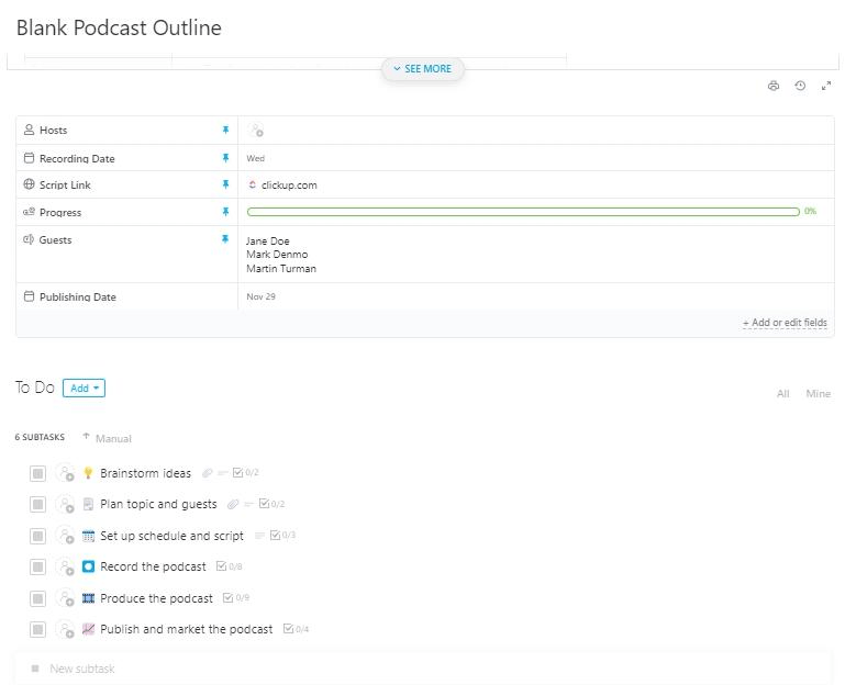 ClickUp Blank Podcast Outline Template ; Video Script Template
