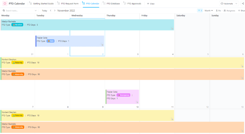 ClickUp PTO Calendar Template ; out of office plan template