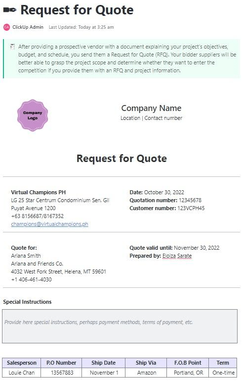 ClickUp Request for Quote Template ; Freelance Invoice Template