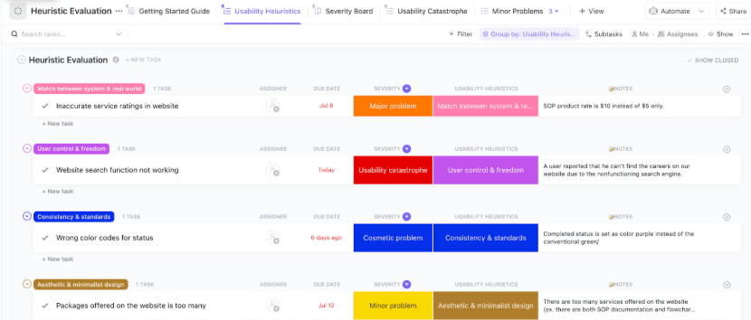 ClickUp Software Heuristic Evaluation Template ; Product Evaluation Template