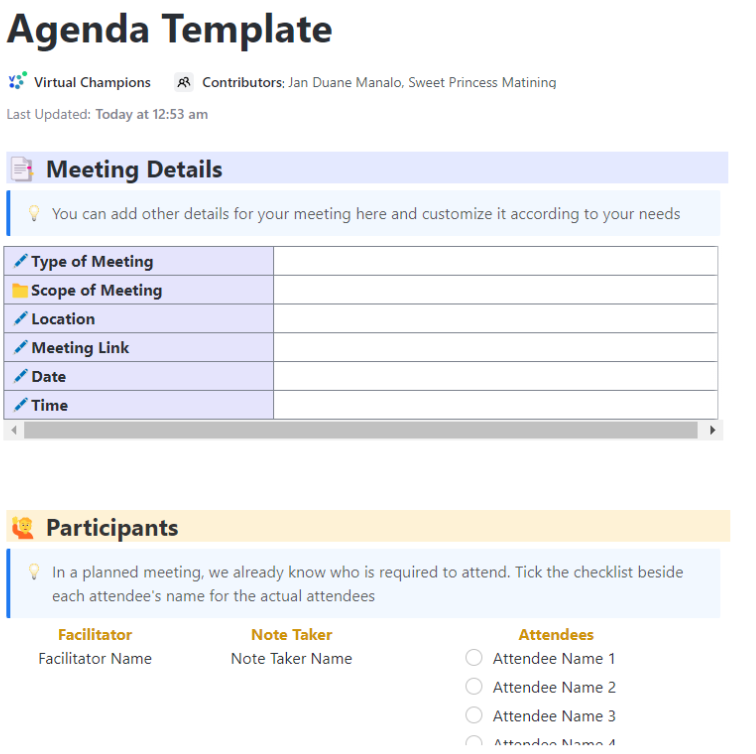ClickUp Agenda Template ; All Hands Meeting Agenda Template