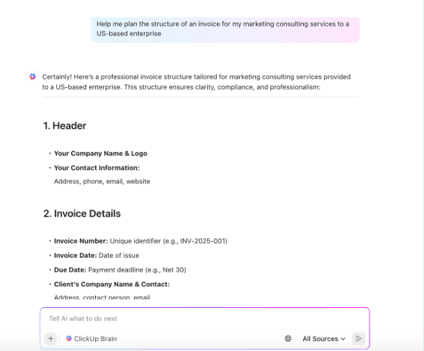 ClickUp Brain : Freelance Invoice Template