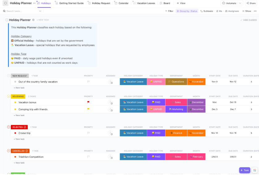 ClickUp Holiday Planner Template : out of office plan template
