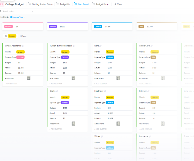 ClickUp College Budget Template ; Household Budget Template