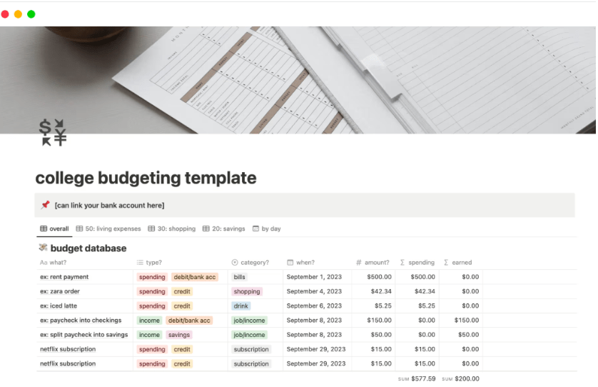Notion College Budgeting Template ; notion budget templates