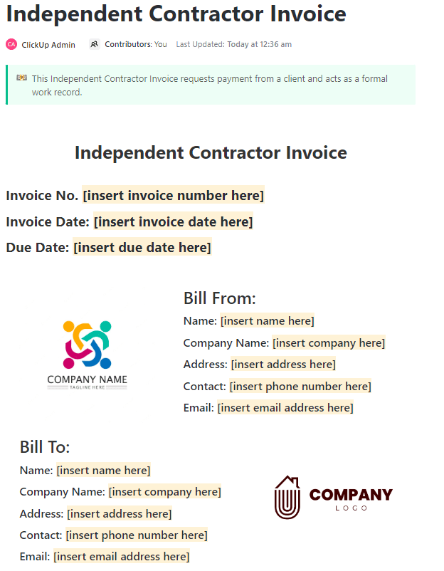 ClickUp Independent Contractor Invoice : Freelance Invoice Template