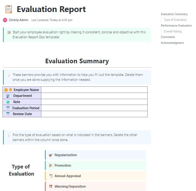 ClickUp Evaluation Report Template : Product Evaluation Template