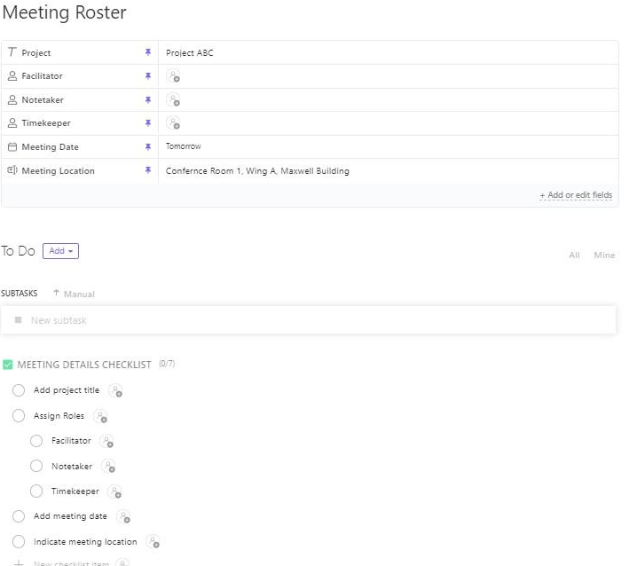 ClickUp Meeting Roster Template ; All Hands Meeting Agenda Template