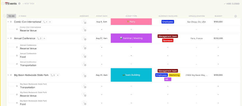 ClickUp Event Budget Template ;  NonProfit Budget Template
