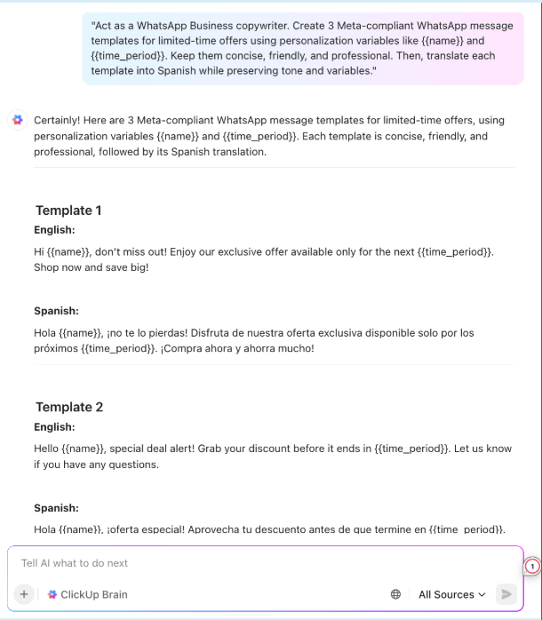 ClickUp Brain : whatsapp business message template
