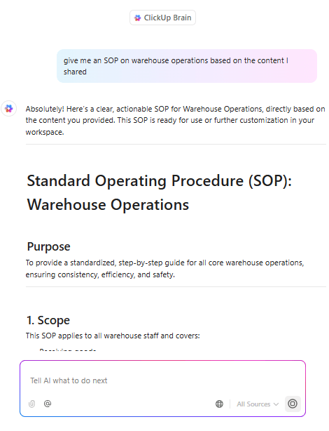 ClickUp Brain : Warehouse SOP Template