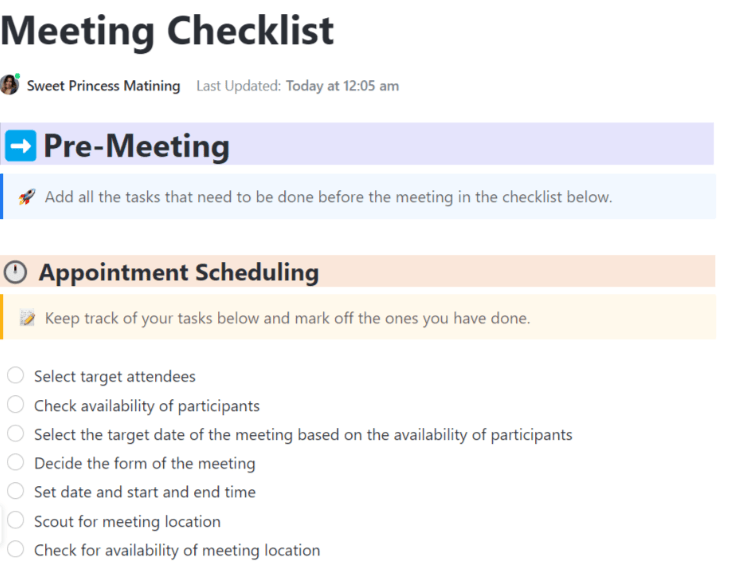 ClickUp Meeting Checklist Template ; All Hands Meeting Agenda Template