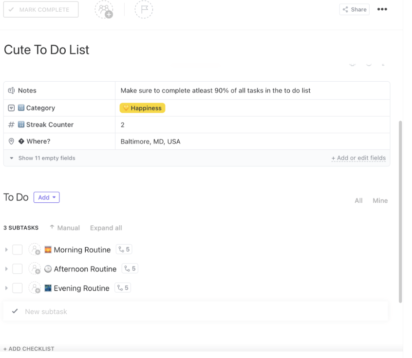 ClickUp Daily To-do List template : 75 Soft challenge Template free
