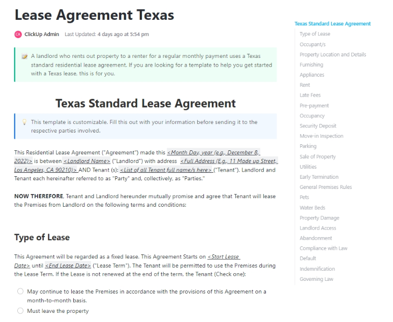ClickUp Lease Agreement Texas Template :  Payment Agreement Template
