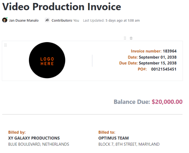 ClickUp Video Production Invoice Template