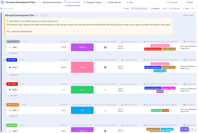 ClickUp Personal Development Plan Template ; 75 Soft challenge Template free
