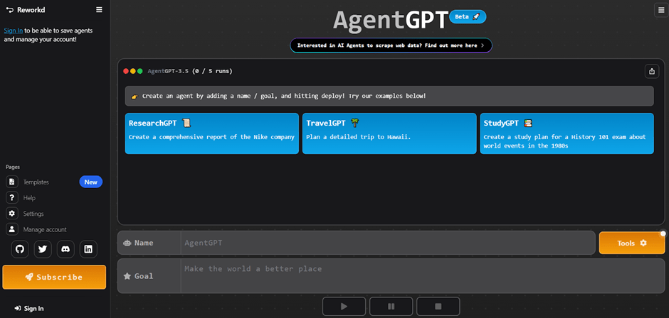 AgentGPT (Best for creating autonomous task-driven agents)