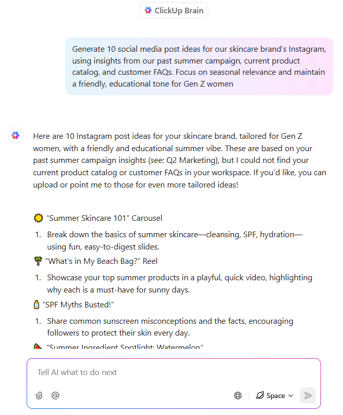 ClickUp Brain: how to create a social media calendar with chatgpt