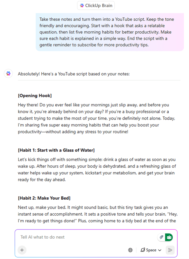 Keep your script, task list, and editing timeline all connected with ClickUp Brain