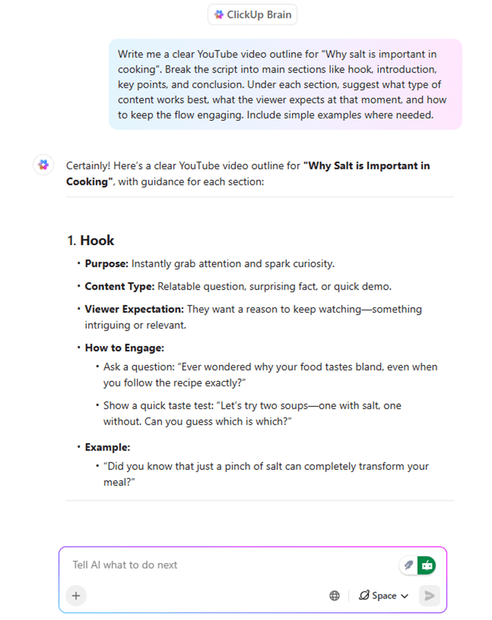 Turn a task or note into a ready-to-edit script directly inside your workflow using ClickUp Brain
