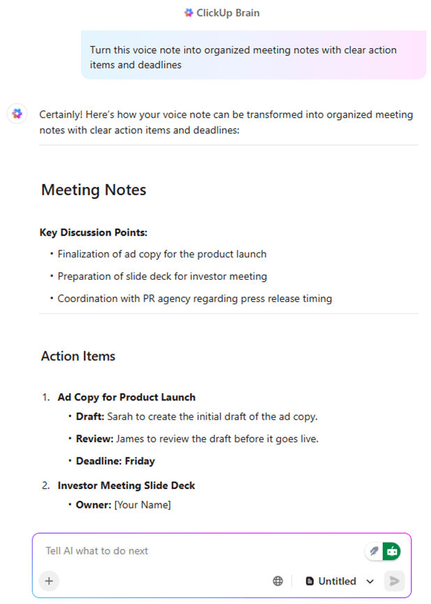 ClickUp Brain: voicenotes alternative