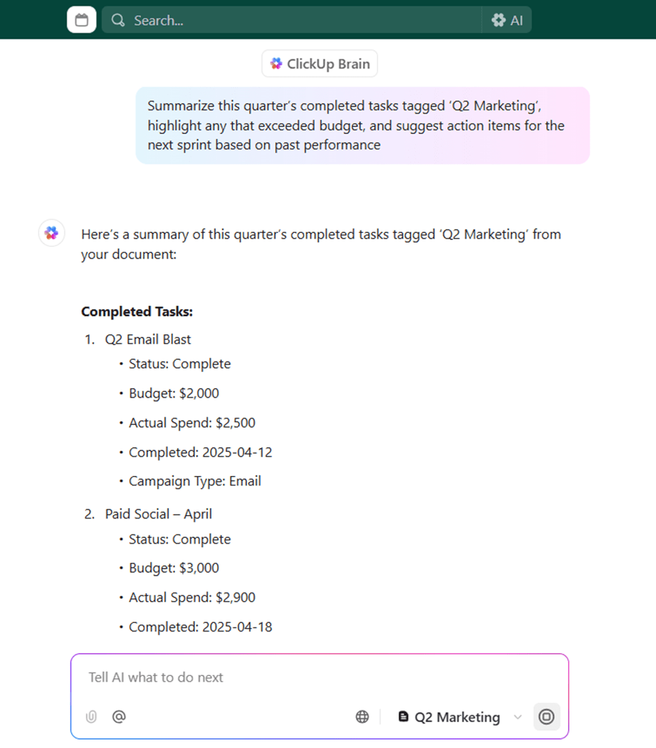 ClickUp Brain: how to analyze excel data with chatgpt