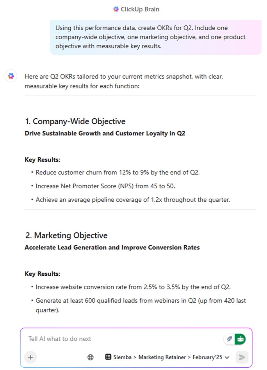 Draft weekly summary with ClickUp Brain: pm software built around okr workflows