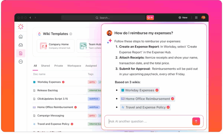 Use ClickUp Brain within ClickUp Knowledge Management to get instant answers from across your workspace