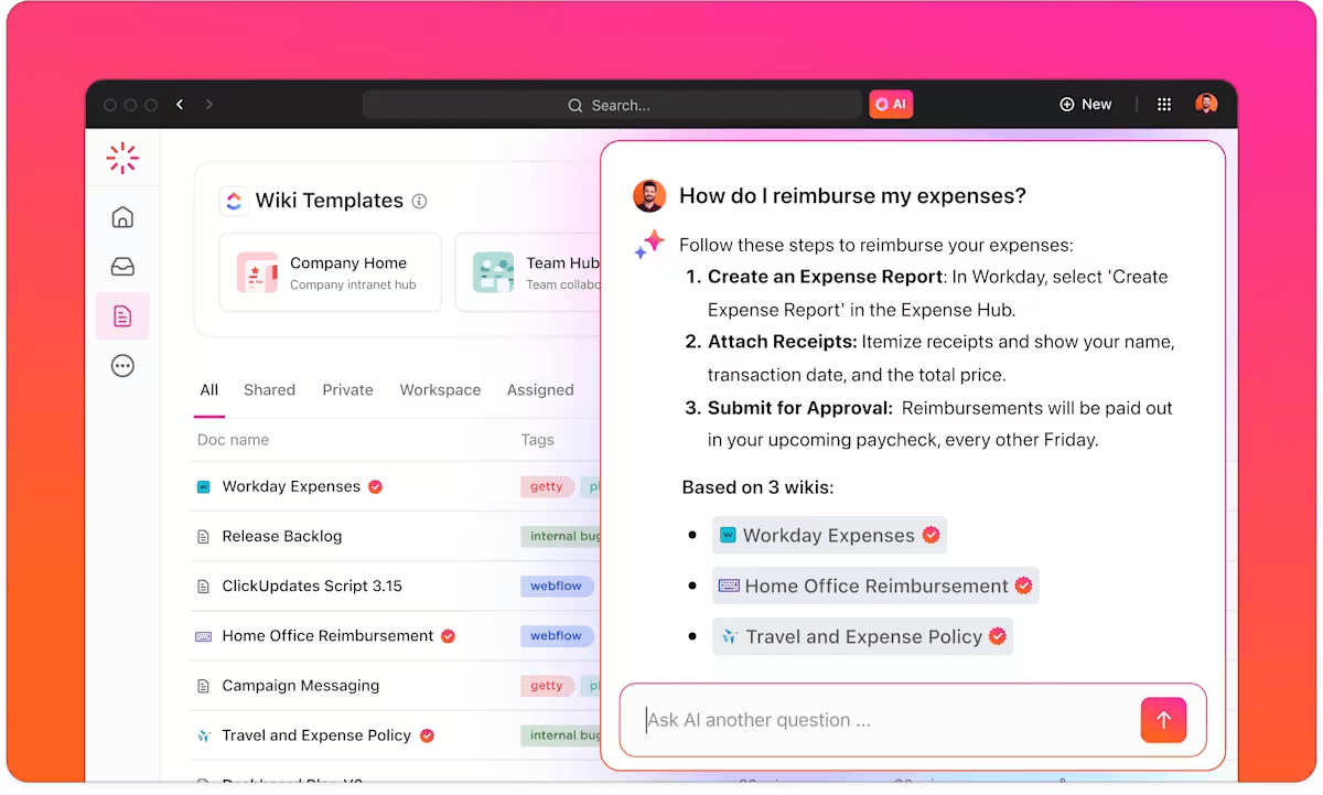 Use ClickUp Brain within ClickUp Knowledge Management to get instant answers from across your workspace