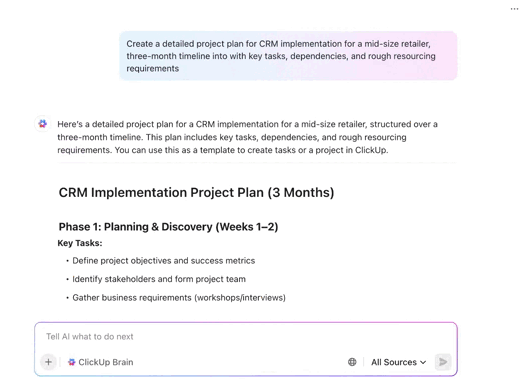 ClickUp Brain client service delivery project plan