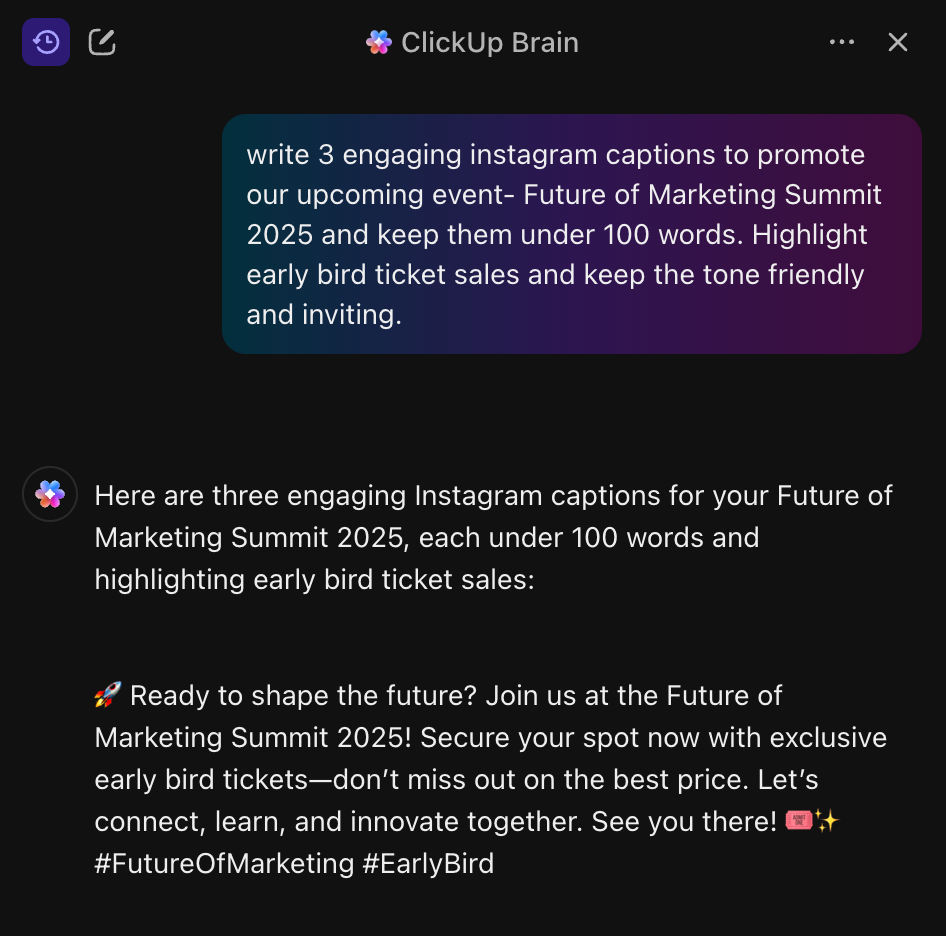 ClickUp Brain writing instagram captions