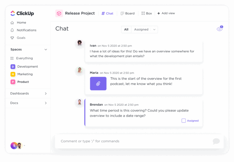 Turn a quick chat message into an action item without breaking the flow of work with ClickUp Chat