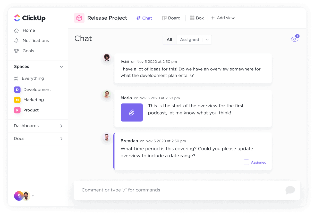 Turn a quick chat message into an action item without breaking the flow of work with ClickUp Chat