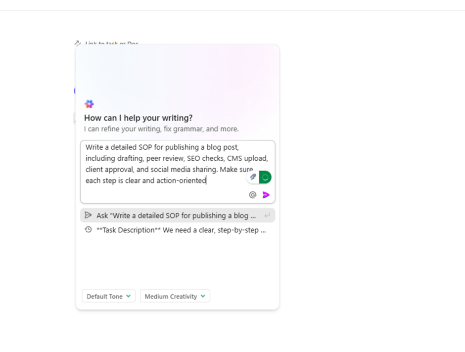 ClickUp ドキュメント with AI:AIでデジタルマーケティングエージェンシーを自動化する方法