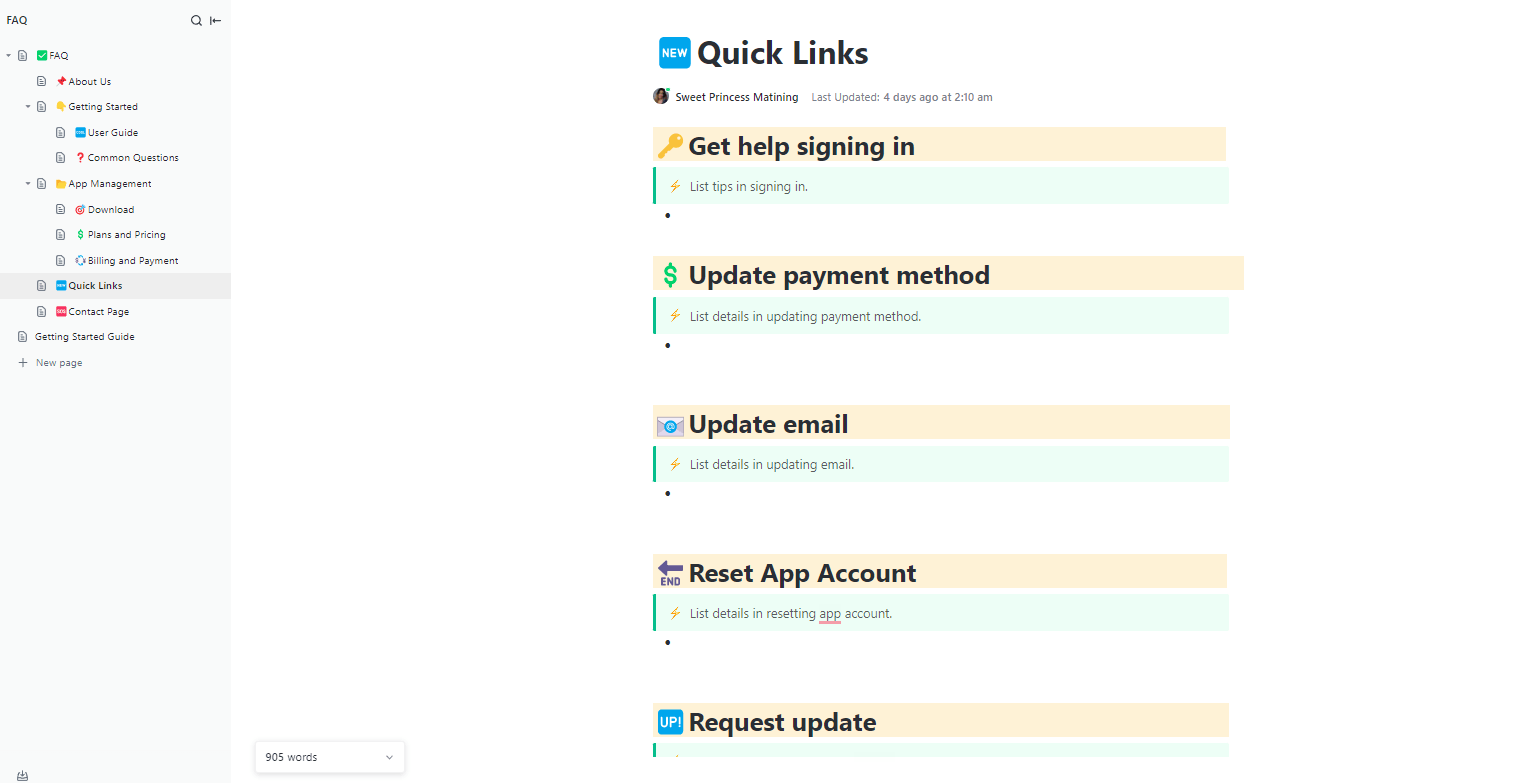 Break down complex topics and link related content in the ClickUp FAQ Document Template
