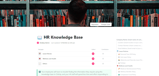 ClickUp HR Knowledge Base Template: Store HR policies FAQs and guides to support the customer journey