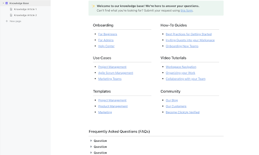 Ensure your company's knowledge is accessible 24/7 with the ClickUp Knowledge Base Template