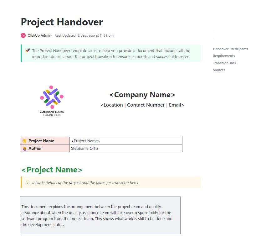 ClickUp Project Handover Template: Smoothly transfer project details ownership and tasks between teams