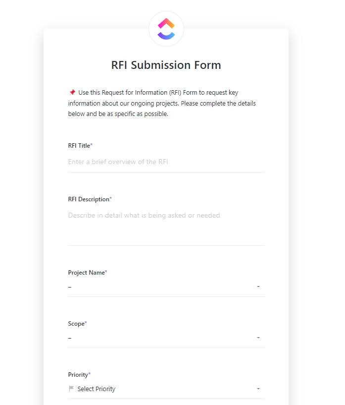 ClickUp Request for Information Template: Collect organize and respond to RFIs efficiently for projects