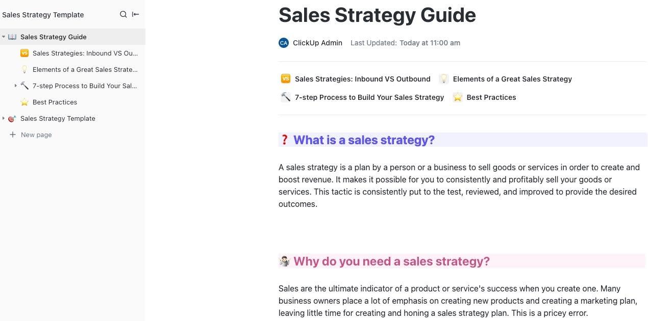 ClickUp Sales Strategy Guide Template: Document sales tactics playbooks and goals in a clear accessible guide
