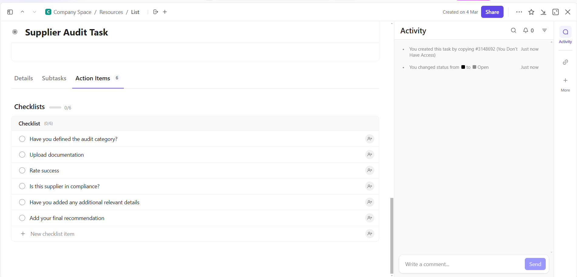 Clickup Supplier Audit Task Template